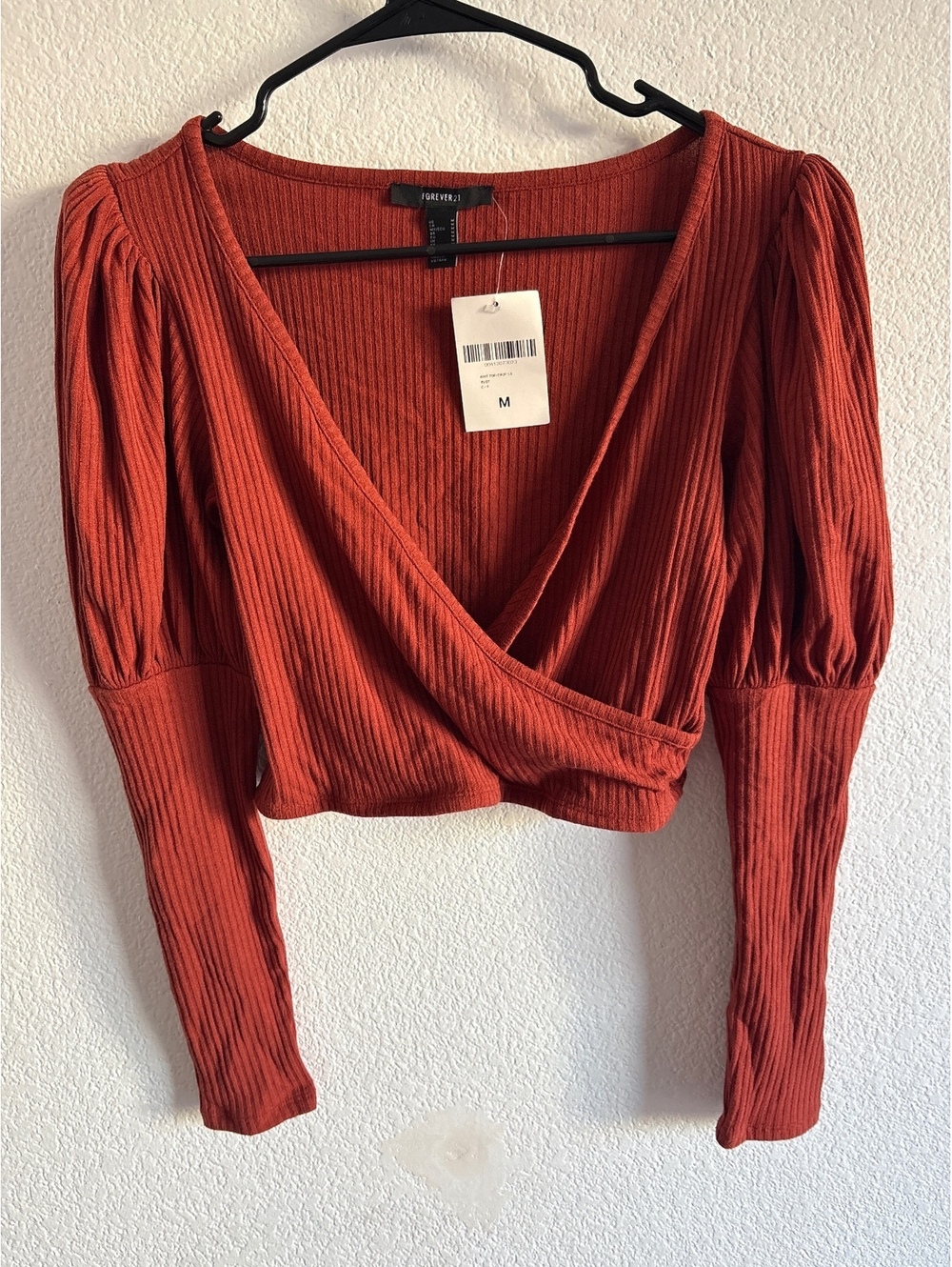 Forever 21 Women's Rust Orange Ribbed Long Sleeve Crop Top Size M with Puff Slee
